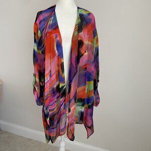 Caroline Rose Womens L Large Multicolor Cardigan Semi-Sheer Roll Tab Sleeve